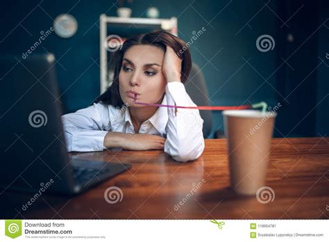 Bored Business Woman Drinking From Straw Stock Image Image Of Drink