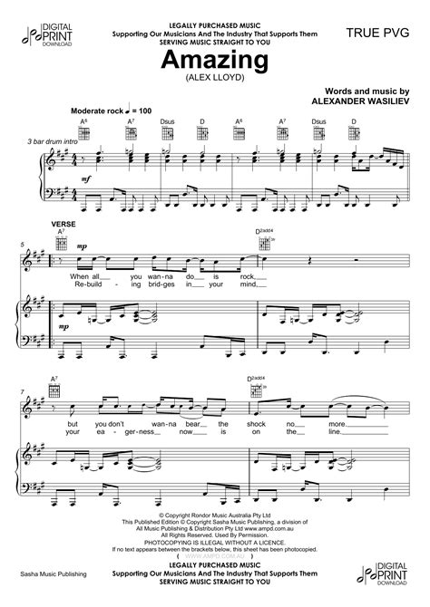 Amazing Sheet Music Alex Lloyd Piano Vocal And Guitar Chords Right