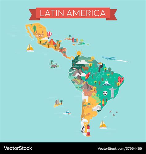 Latin America Map Tourist And Travel Landmarks Vector Image