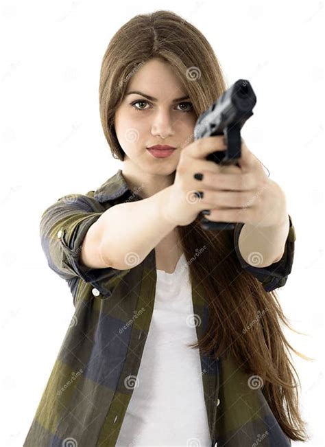 Beautiful Woman Holding A Gun On White Background Stock Photo Image