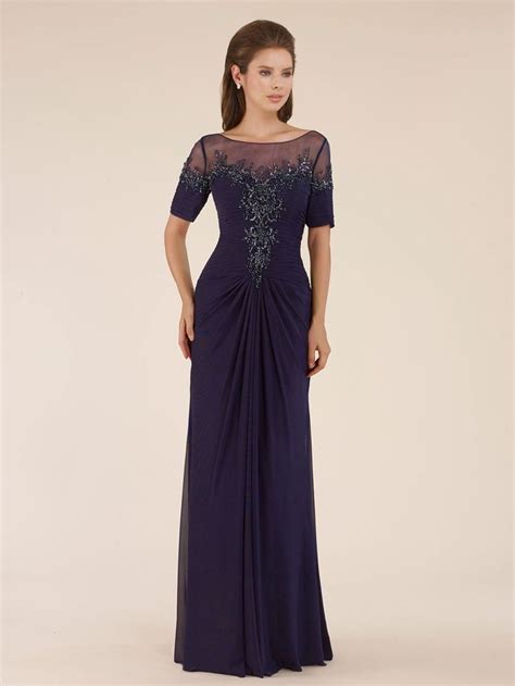 short sleeves illusion neckline beaded long chiffon mother of the bride dresses 99803002 cheap