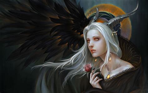Artwork Fantasy Art Fantasy Girl Women Silver Hair Wings Horns Flowers Demon Hd Wallpaper