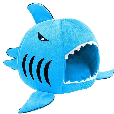 Cute Shark Shaped Round Pet Dog Cat House Bed With Removable Cushion By