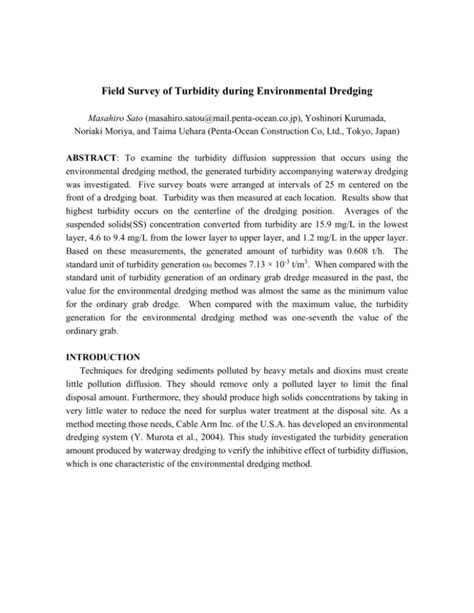 Field Survey Of Turbidity During Environmental Dredging