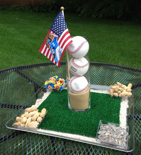 baseball theme centerpiece would be cute to fill a vase with gum with our team baseball theme