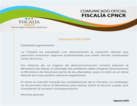 Comunicados Fiscalía Colegio de Profesionales en Nutrición de Costa Rica