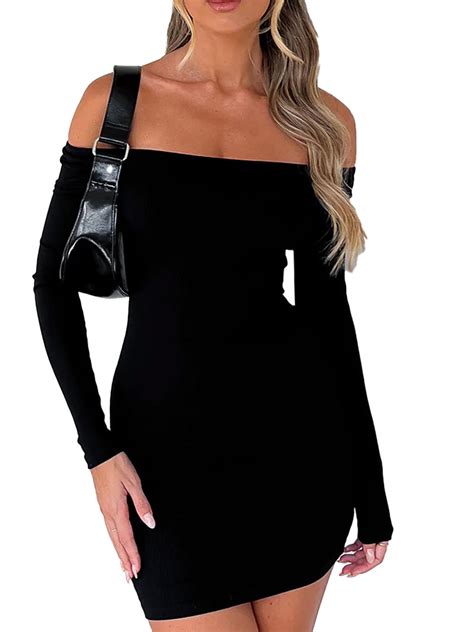 Calsunbaby Women Off Shoulder Long Sleeve Bodycon Short Fitted Dress