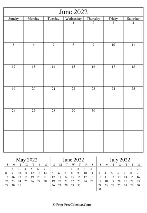 Editable Calendar June 2022 Portrait Layout