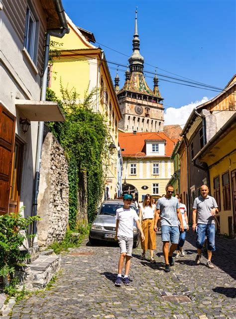 sighisoara romania 2019 people wandering on the streets of sighisoara citadel old town