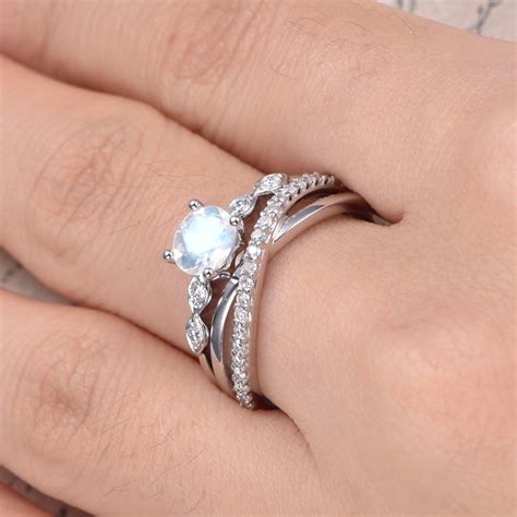 Moonstone Engagement Ring Set Art Deco Wedding Band Criss Etsy