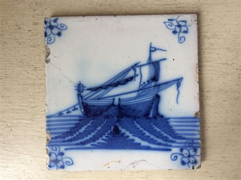 Nautical Antique Blue And White Dutch Delft Pottery Tile Etsy Delft