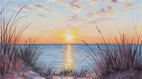 A Painting Of The Sun Setting Over The Ocean With Sea Oats In The