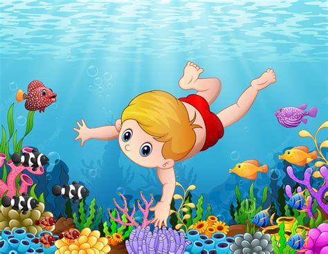 Niño Nadando Bajo El Mar Vector Premium
