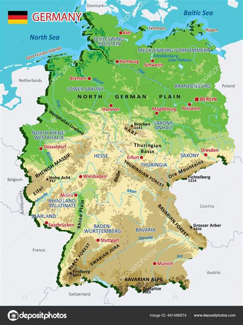 High Detailed Germany Physical Map With Regions Rivers Lakes