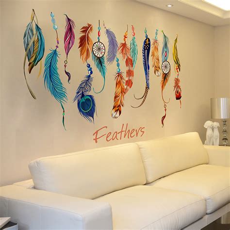 Lucky Colorful Feather Wall Stickers Decor Transparent Film Pvc Removable Waterproof Sticker