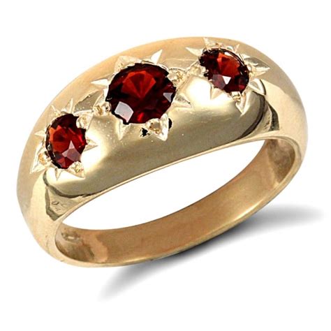 Mens Solid 9ct Yellow Gold Round Brilliant Garnet Star Set 3 Stone