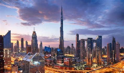 Burj Khalifa Skyline In Dubai At Dramatic Sunset Aerial View United