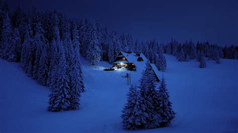 Download Wallpaper 2048x1152 House Night Winter Trees Snow Layer
