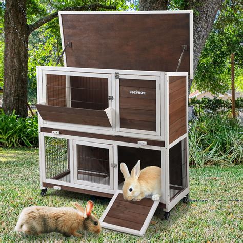 Coziwow Movable Rabbit Hutch Pet Cage With Flip Up Roof Wheels Wood