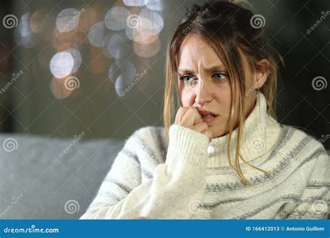 Nervous Woman Biting Nails At Night In Winter Stock Image Image Of