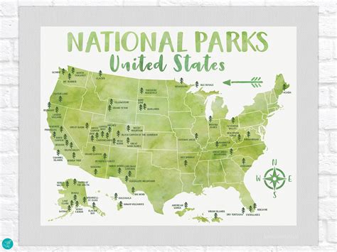 National Park Poster All United States National Parks On Green Map
