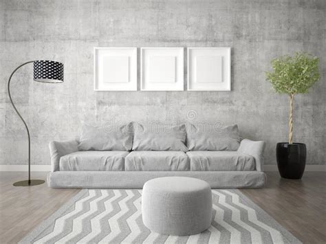 Mock Up Fashionable Living Room With A Large Comfortable Sofa Stock