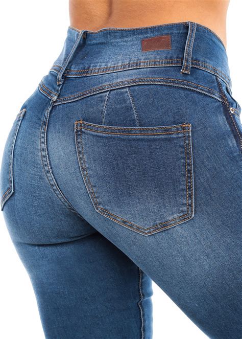 Moda Xpress Womens Skinny Jeans Butt Lifting Mid Rise Blue Wash Denim