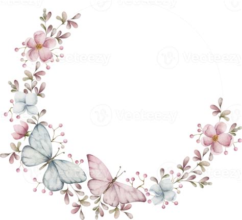 Semicircle Frame With Flowers And Butterflies Watercolor Illustration