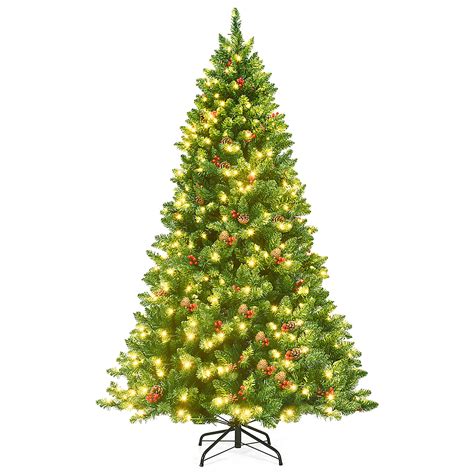Costway 65ft Pre Lit Hinged Christmas Tree W Pine Cones Red Berries