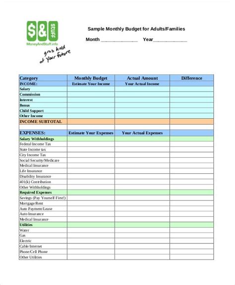 printable monthly budget template   excel  documents