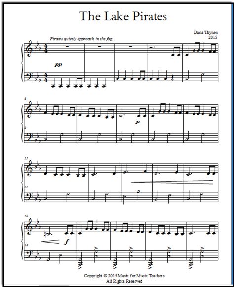 Featured free printable sheet music: Free Printable Piano Sheet Music for Late Beginners, The Lake Pirates!