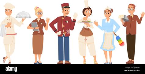 Hotel Staff Cartoon Characters Professional Hospitality Workers On Job