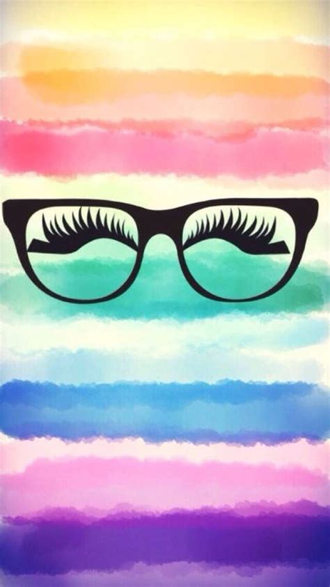 A Pair Of Eyeglasses With Long Eyelashes On Top Of Rainbow Colored Watercolor Stripes