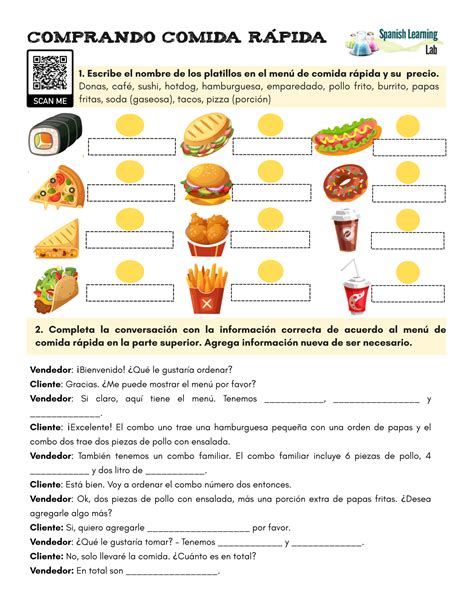 At A Fast Food Restaurant In Spanish PDF Worksheet Spanish Learning Lab