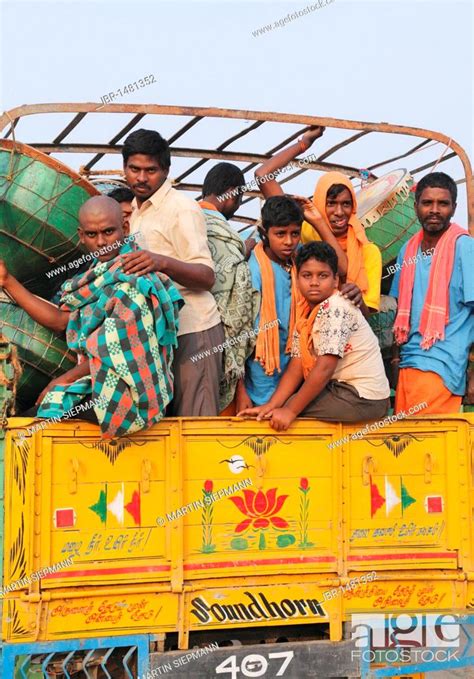 Hindu Pilgrims With Drums In A Pickup Truck On The Way Back From The