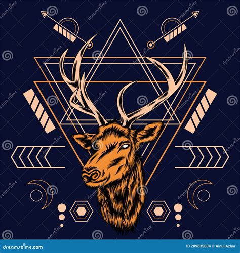 Deer Head With Sacred Geometry Pattern On Black Background Vector Retr