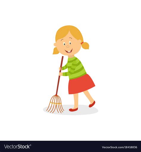 Funny Little Girl Sweeping Floor With Big Broom Vector Image