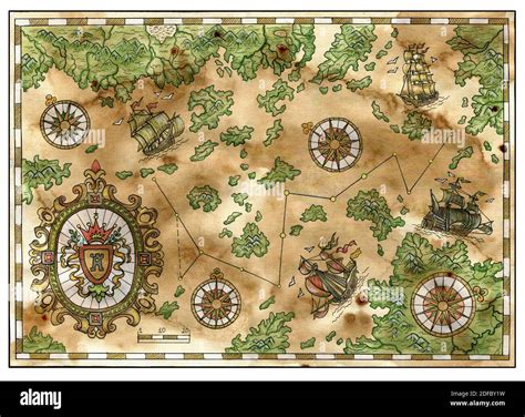 Ancient Pirate Map With Old Pirate Sailboats Treasure Islands