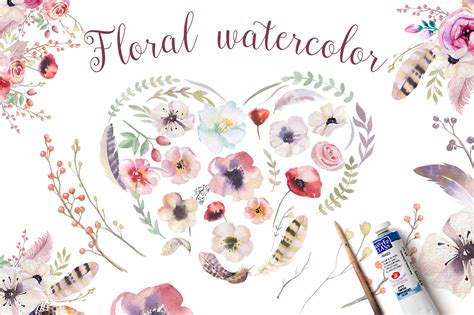 Watercolor Boho Flowers And Feathers Wedding Digital Clip Art Collection