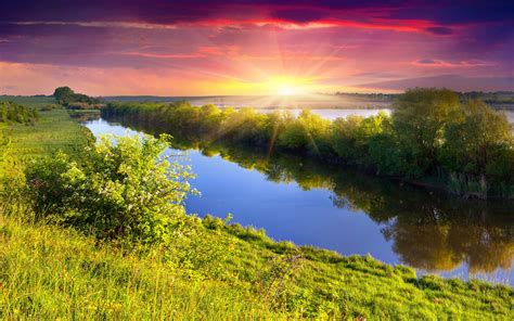 River Nature Sky Sun Trees Green Wallpapers Hd Desktop And