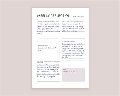 Weekly Reflection Sheet Weekly Review Weekly Journal Etsy