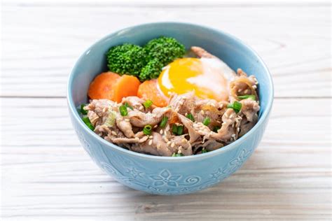 Donburi Pork Rice Bowl With Onsen Egg And Vegetable Stock Photo Image Of Cuisine Japan