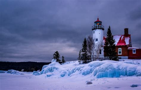 Wallpaper Winter Snow Landscape Lake Lighthouse Ice Michigan Usa