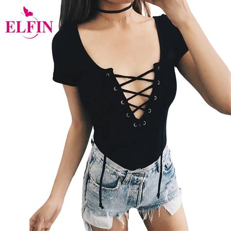 women 2017 summer bodysuits sexy deep v neck short sleeve causual wear hollow out with lace up