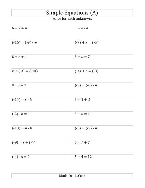 One Step Algebra Equations Multiplication Worksheet