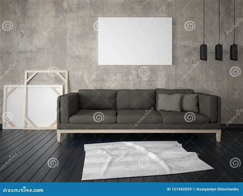 Mock Up A Stylish Living Room With A Comfortable Dark Sofa Stock