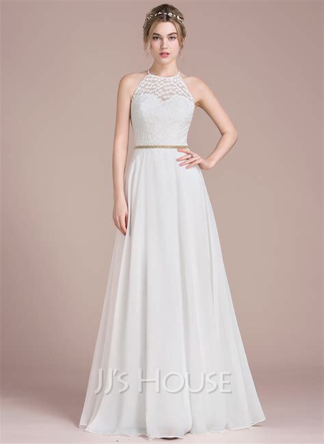 A Line Princess Scoop Neck Floor Length Chiffon Lace Wedding Dress With