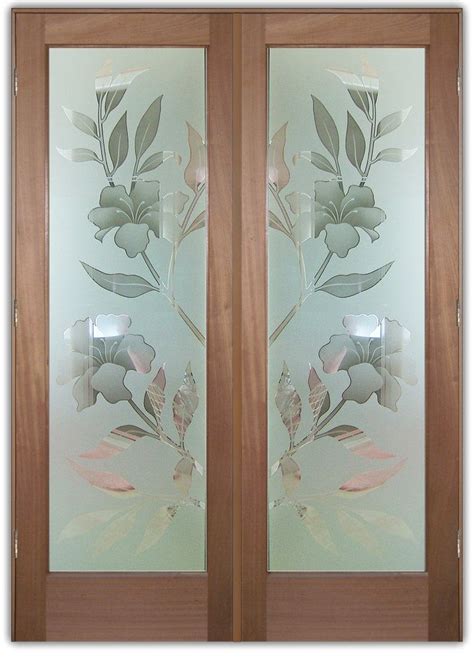 Hibiscus 2d Double Entry Doors Hand Crafted Sandblast Frosted And 3d