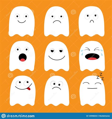 Cute Ghost Emoji Icon Set Happy Halloween Emoticons Funny Kawaii