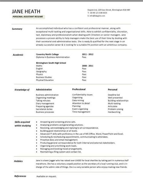 Free resume cv & business card templates. Student entry level Personal Assistant resume template